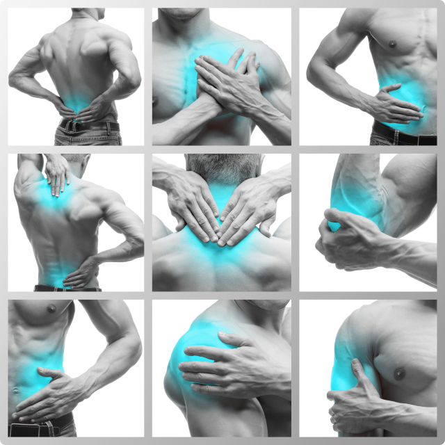 Pain highlighted on a man's body with blue shadowing.